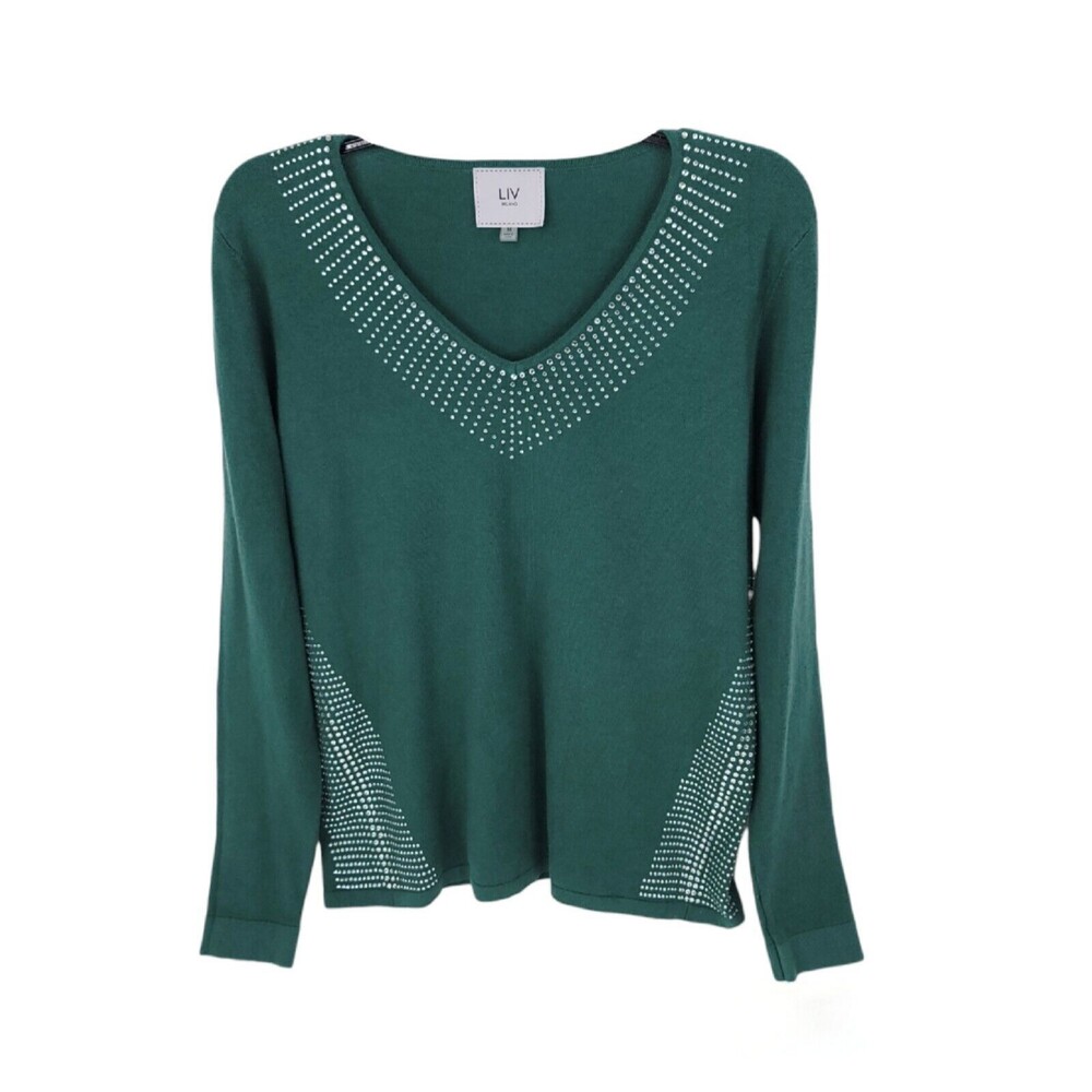 Liv Milano Sweater Womens Medium Rhinestone V Neck Pullover Stretch Top Soft